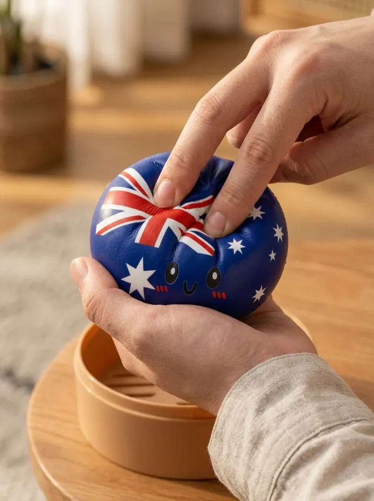 Squishy Dumpling Australie pressé dans la main — effet squishy slow-rise