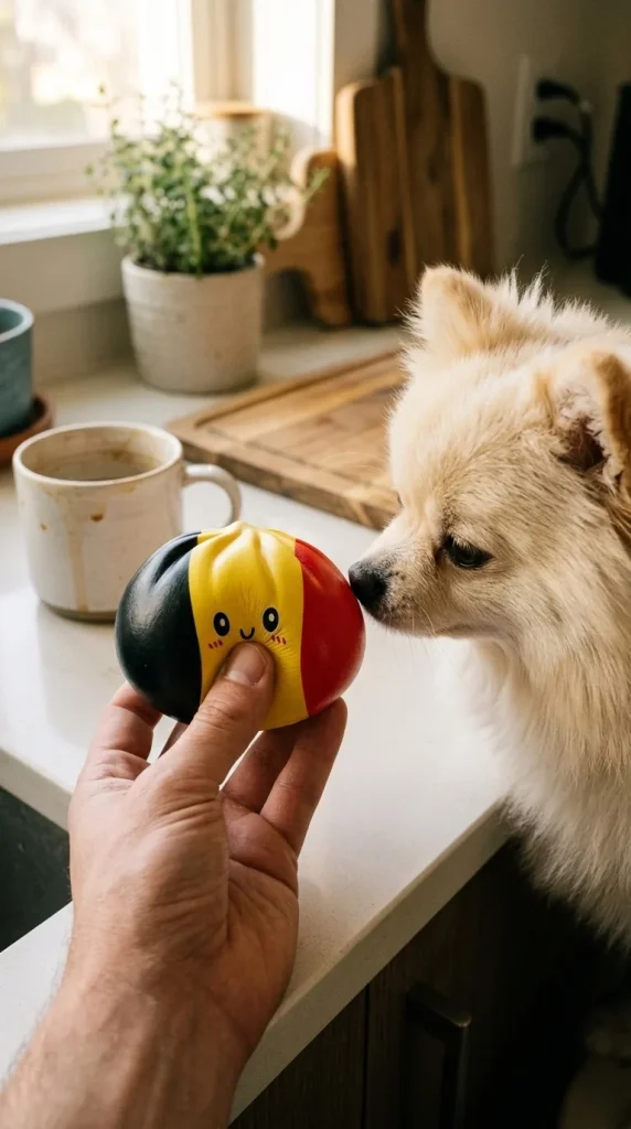 Squishy Dumpling Belgique tenu près d'un animal de compagnie curieux