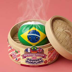 Squishy Dumpling Brésil dans sa boîte panier vapeur bambou