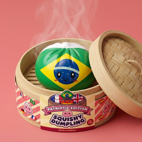 Squishy Dumpling Brésil dans sa boîte panier vapeur bambou