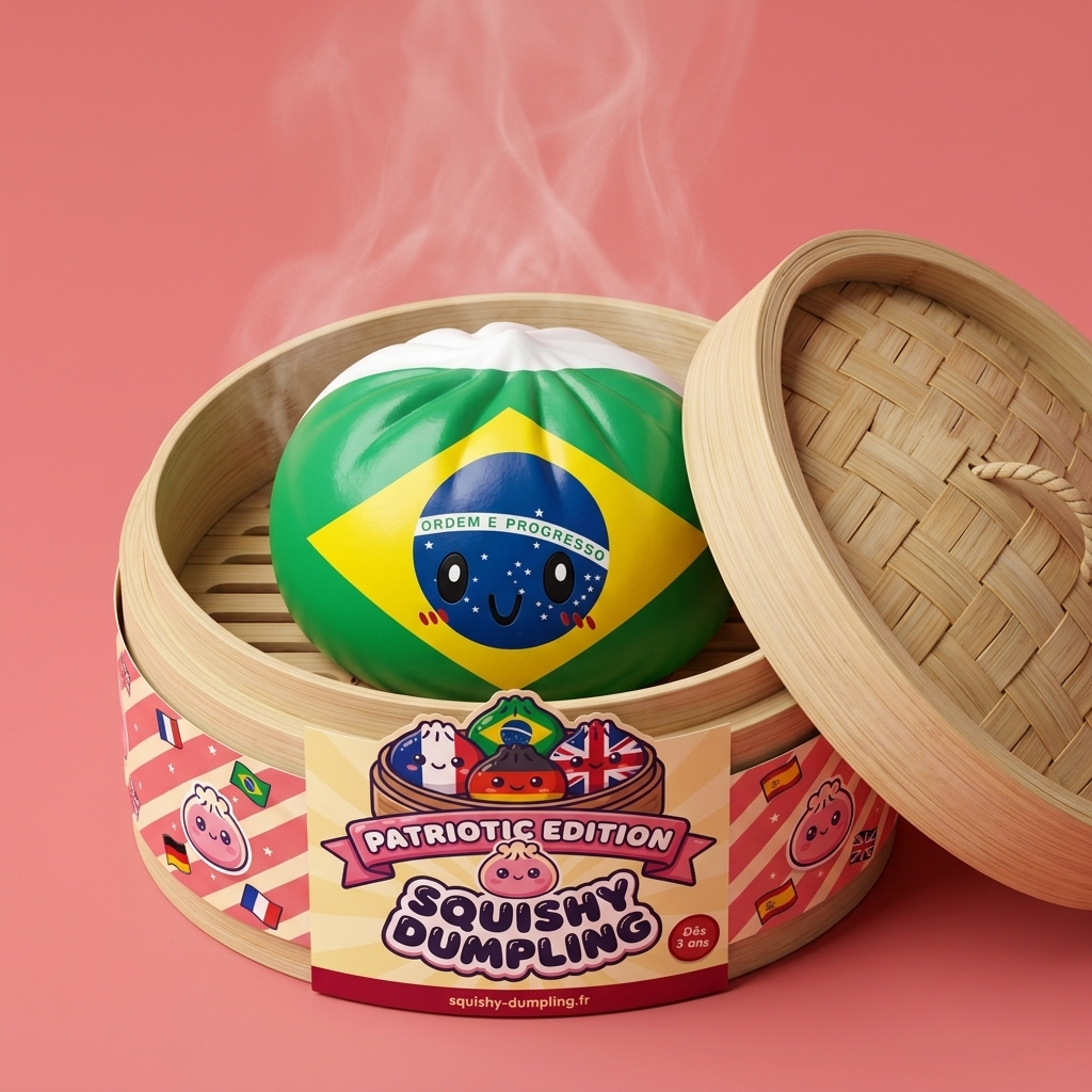 Squishy Dumpling Brésil dans sa boîte panier vapeur bambou