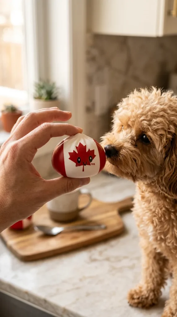 Squishy Dumpling Canada tenu près d'un animal de compagnie curieux