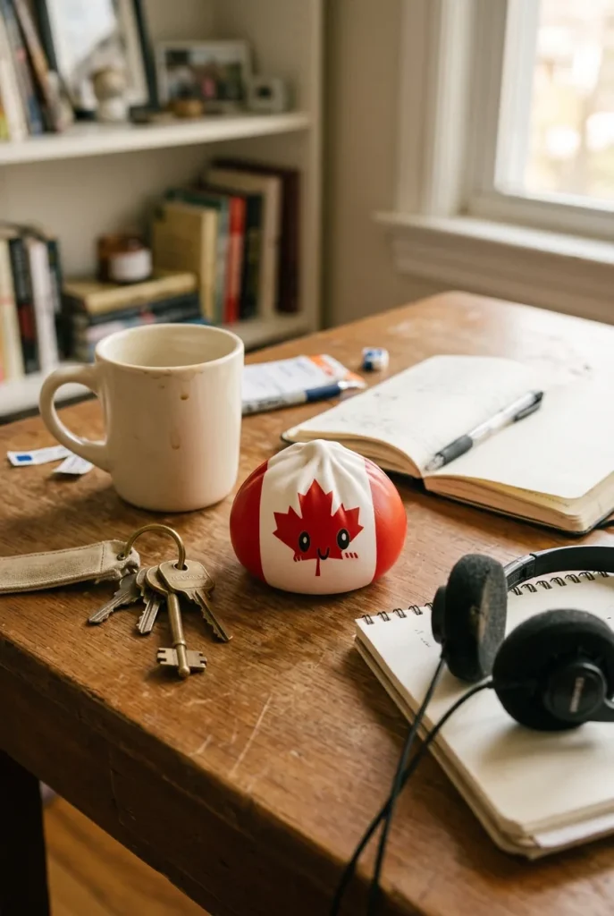 Squishy Dumpling Canada posé sur un bureau, dans le quotidien