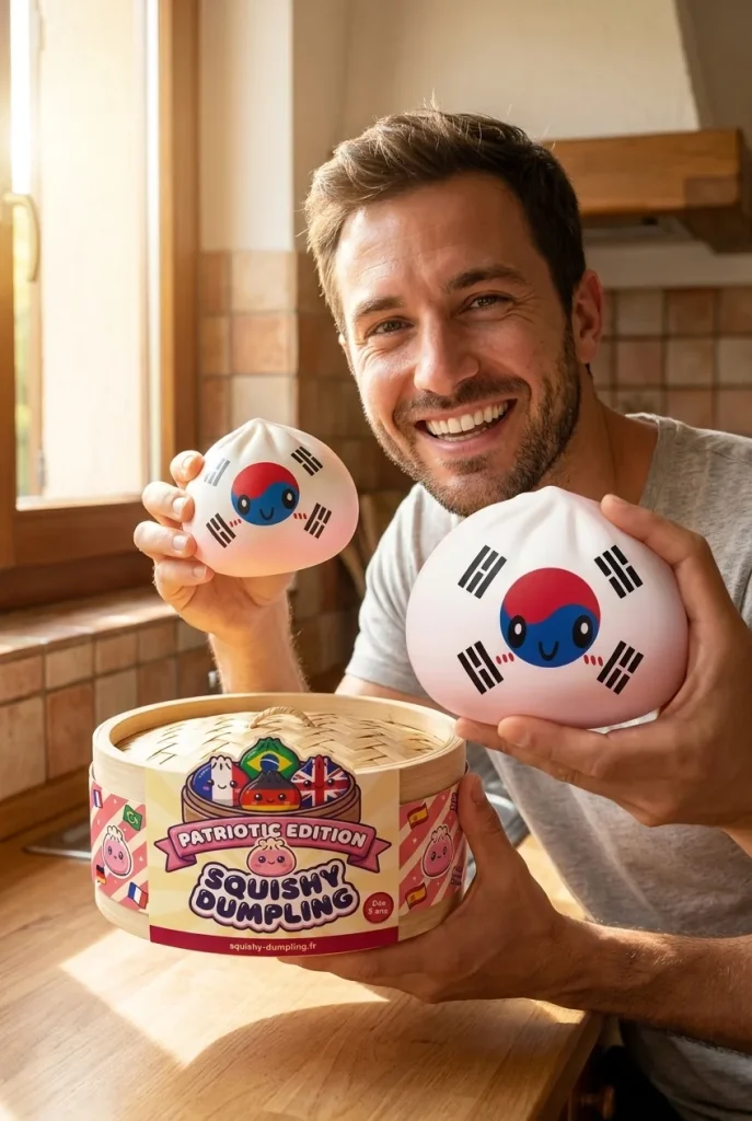 Squishy Dumpling Corée du Sud présenté avec sa boîte panier vapeur — photo client