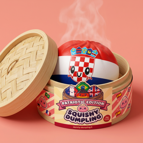 Squishy Dumpling Croatie dans sa boîte panier vapeur bambou