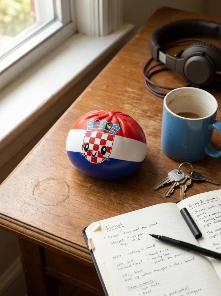 Squishy Dumpling Croatie posé sur un bureau, dans le quotidien