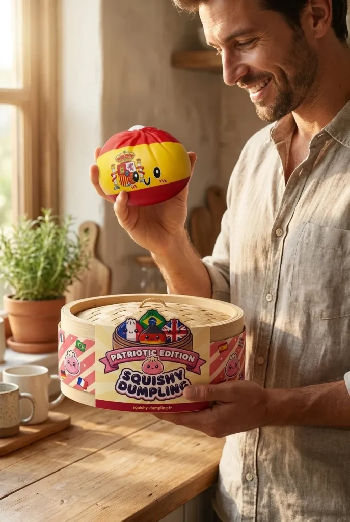 Squishy Dumpling Espagne présenté avec sa boîte panier vapeur — photo client