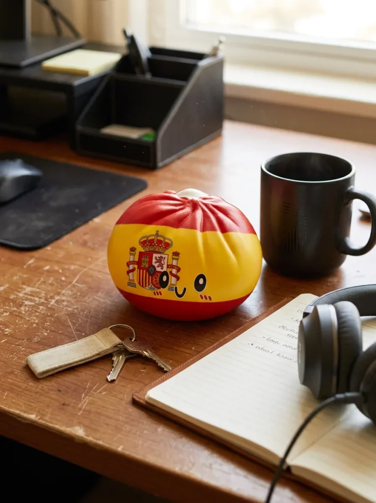 Squishy Dumpling Espagne posé sur un bureau, dans le quotidien