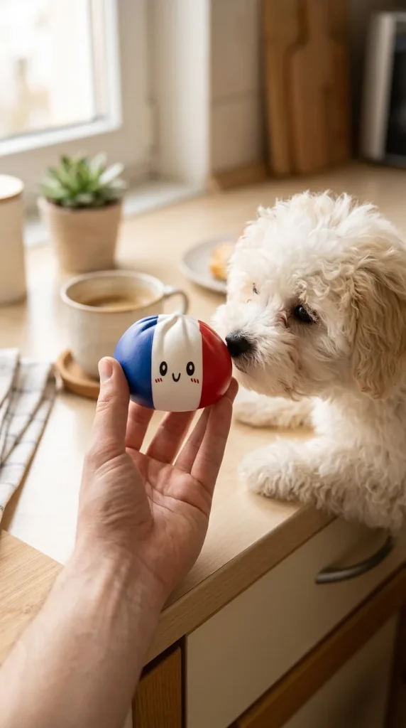 Squishy Dumpling France tenu près d'un animal de compagnie curieux
