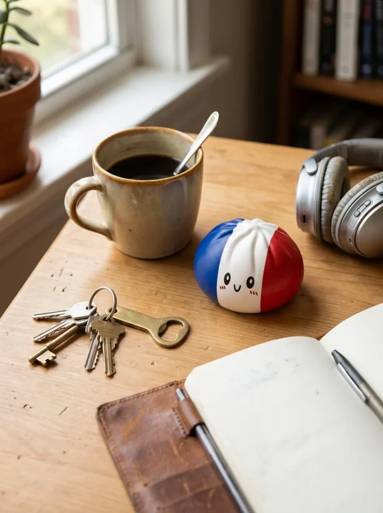 Squishy Dumpling France posé sur un bureau, dans le quotidien
