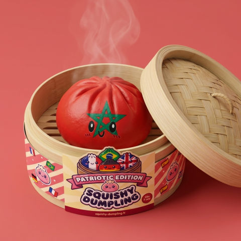 Squishy Dumpling Maroc dans sa boîte panier vapeur bambou