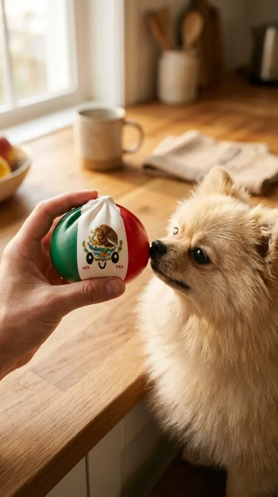 Squishy Dumpling Mexique tenu près d'un animal de compagnie curieux