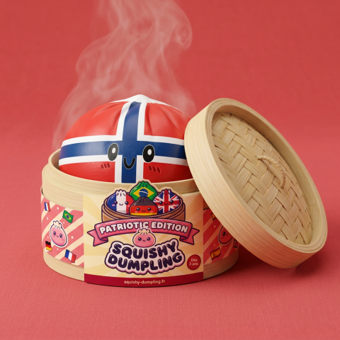 Squishy Dumpling Norvège dans sa boîte panier vapeur bambou