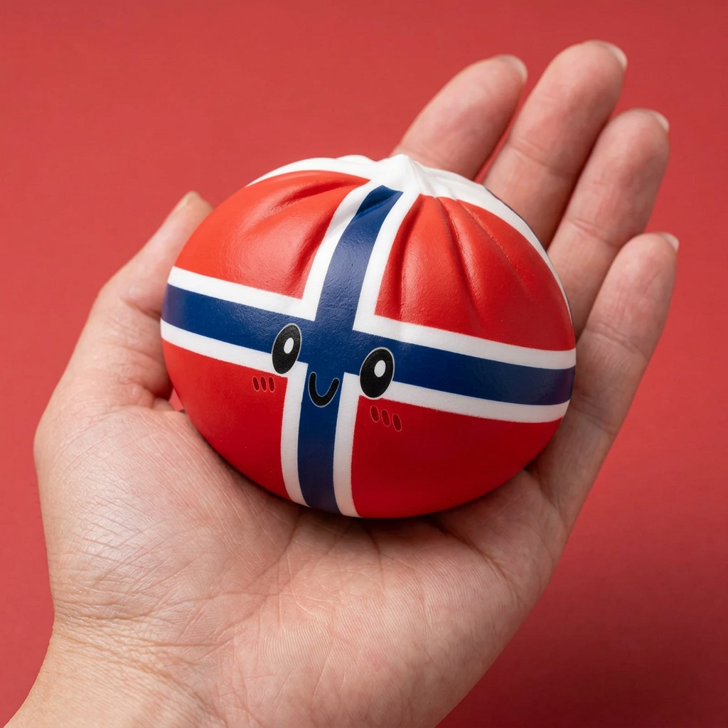 Squishy Dumpling Norvège tenu en main, taille réelle