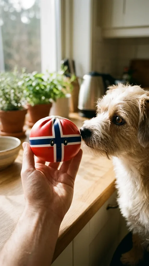 Squishy Dumpling Norvège tenu près d'un animal de compagnie curieux