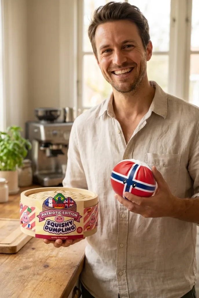 Squishy Dumpling Norvège présenté avec sa boîte panier vapeur — photo client