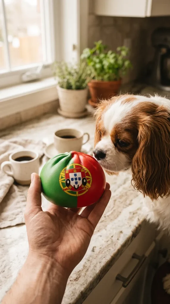 Squishy Dumpling Portugal tenu près d'un animal de compagnie curieux