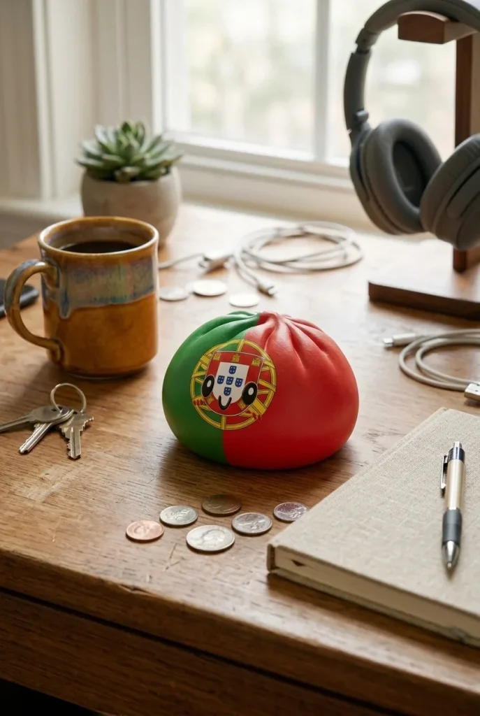 Squishy Dumpling Portugal posé sur un bureau, dans le quotidien