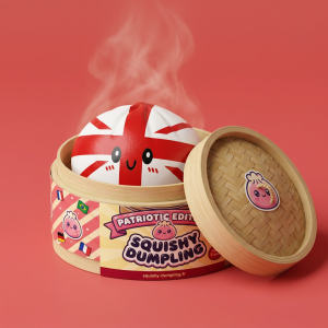 Squishy Dumpling Royaume-Uni dans sa boîte panier vapeur bambou