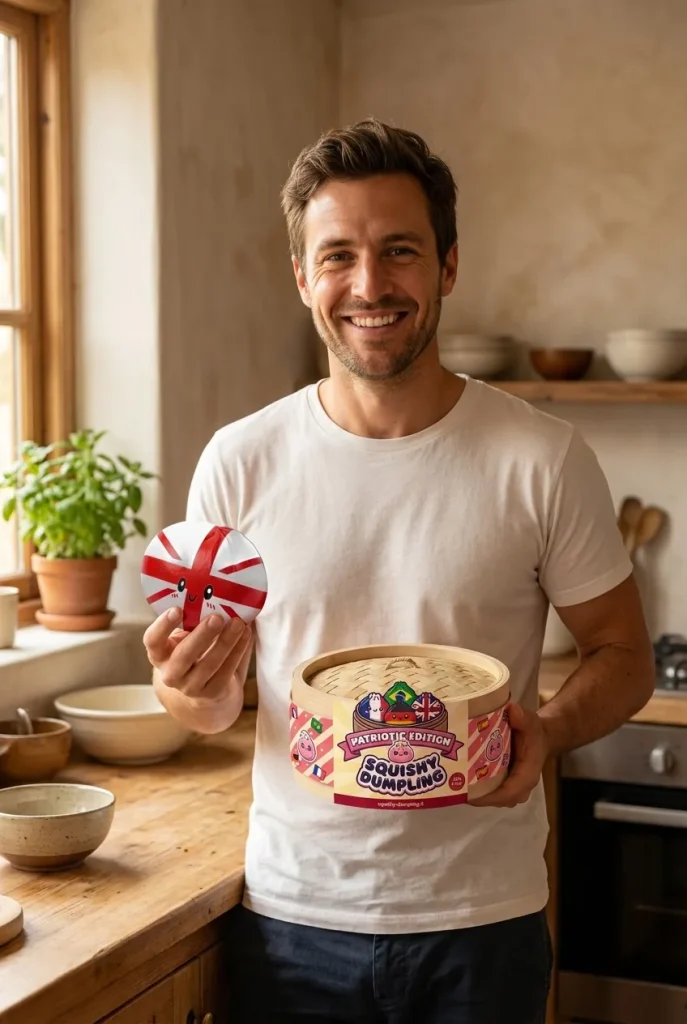 Squishy Dumpling Royaume-Uni présenté avec sa boîte panier vapeur — photo client