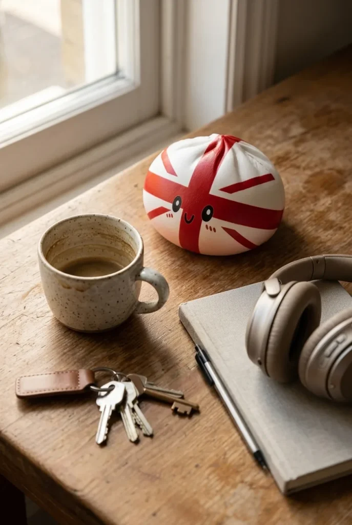 Squishy Dumpling Royaume-Uni posé sur un bureau, dans le quotidien