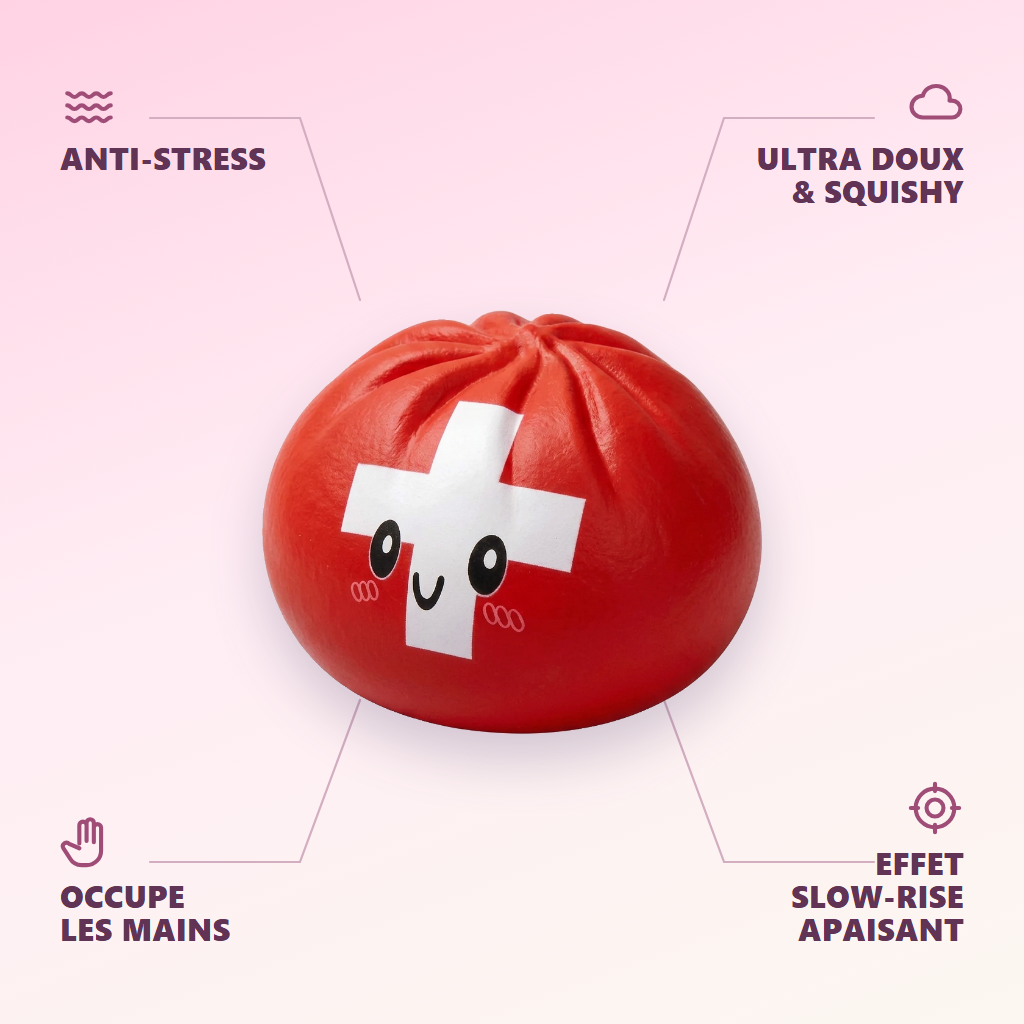 Squishy Dumpling Suisse — anti-stress, ultra doux, effet slow-rise