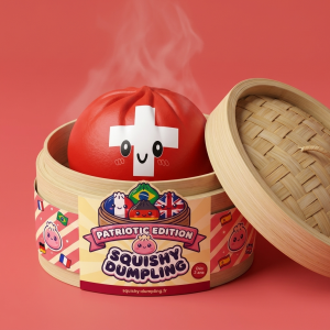 Squishy Dumpling Suisse dans sa boîte panier vapeur bambou