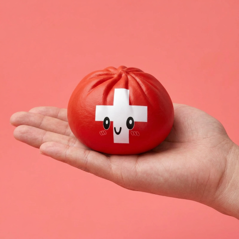 Squishy Dumpling Suisse tenu en main, taille réelle