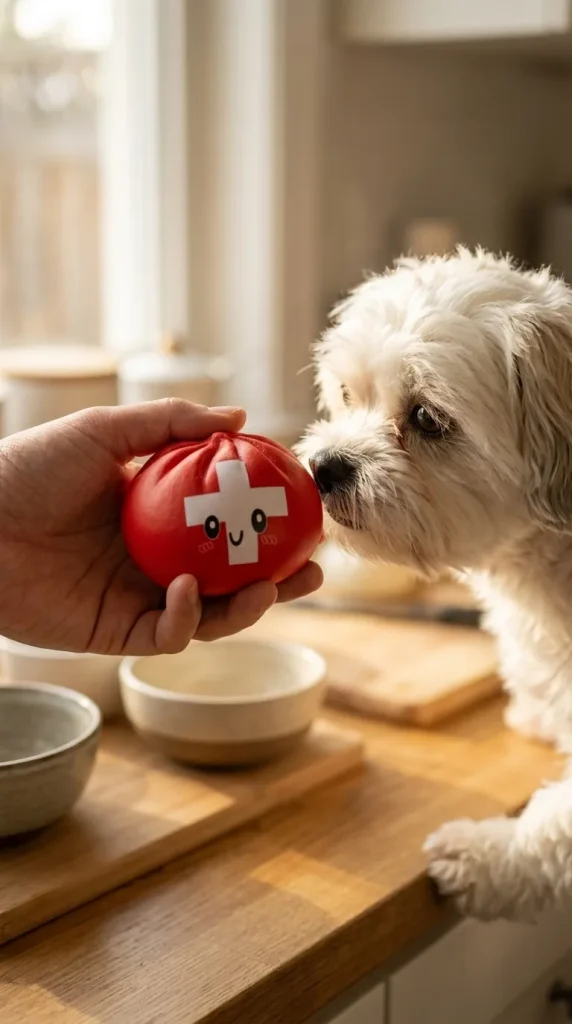 Squishy Dumpling Suisse tenu près d'un animal de compagnie curieux