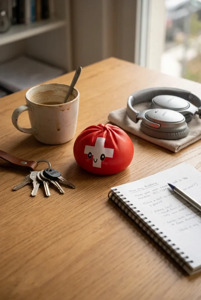 Squishy Dumpling Suisse posé sur un bureau, dans le quotidien