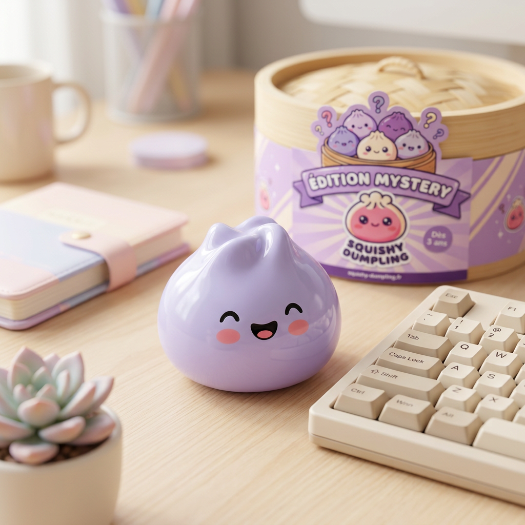 Dumpling Squishy Mystery Peluche Surprise en ambiance sur un bureau