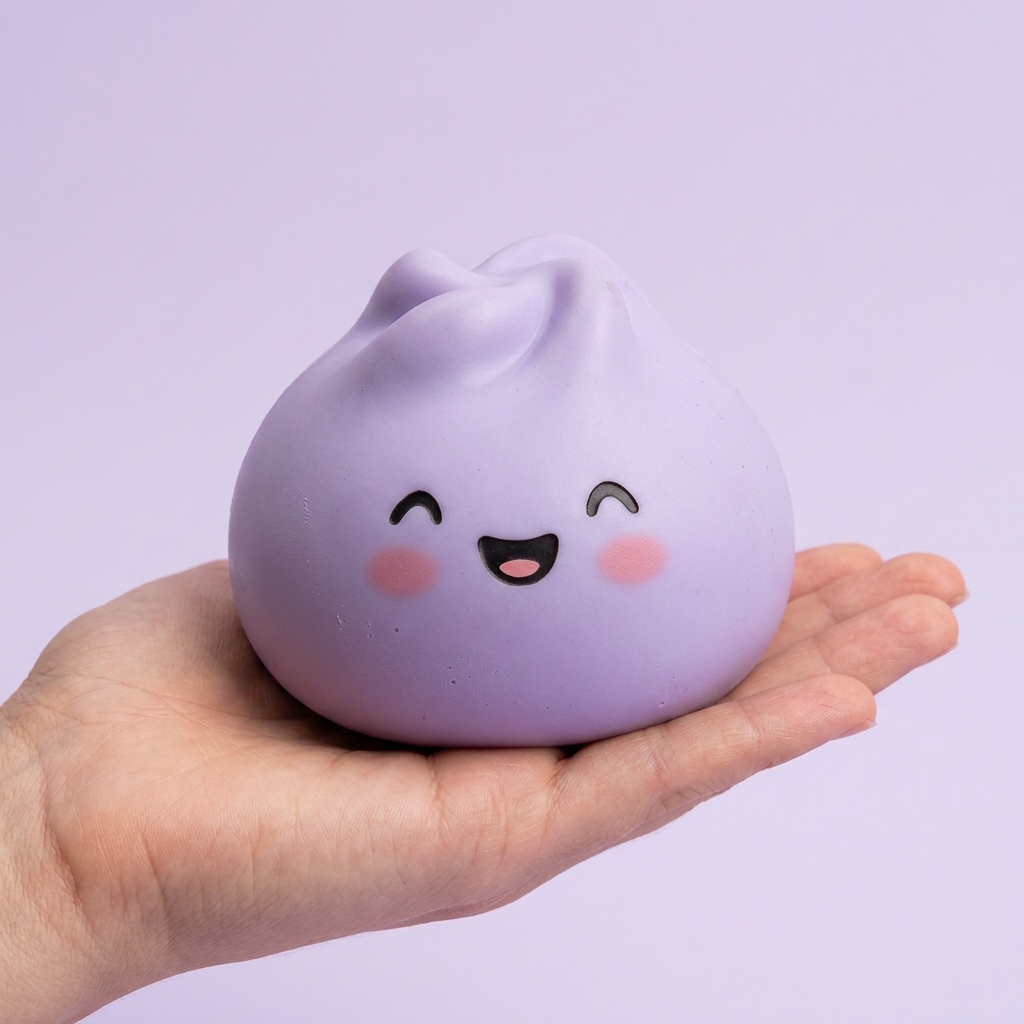 Dumpling Squishy Mystery Peluche Surprise tenu en main, taille réelle
