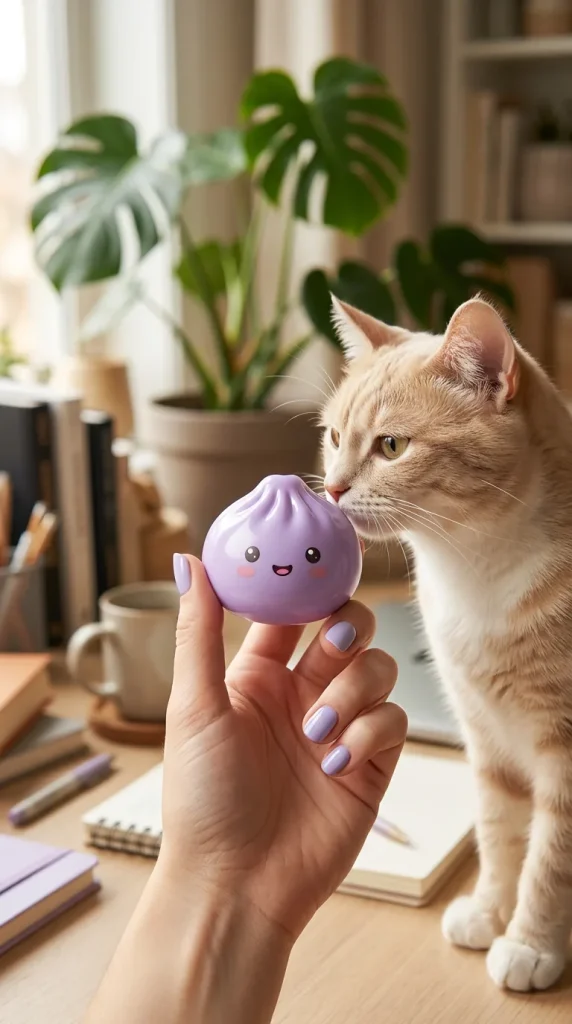 Dumpling Squishy Mystery Peluche Surprise tenu près d'un animal de compagnie curieux