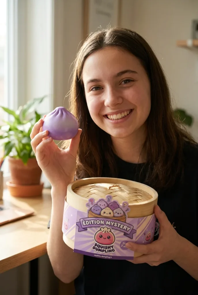 Dumpling Squishy Mystery Peluche Surprise présenté avec sa boîte panier vapeur — photo client