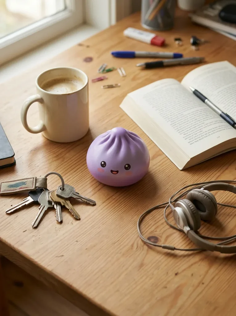 Dumpling Squishy Mystery Peluche Surprise posé sur un bureau, dans le quotidien