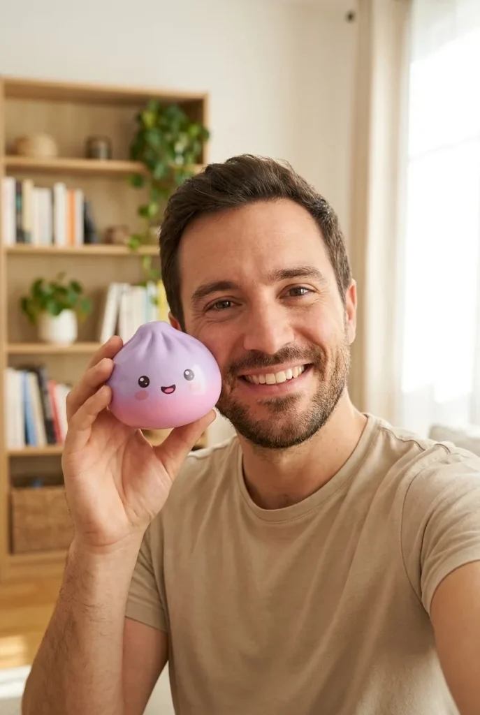 Dumpling Squishy Mystery Peluche Surprise tenu près du visage — photo client