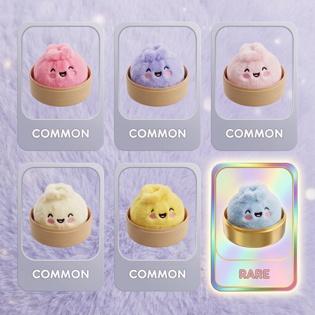 Dumpling Squishy Mystery Peluche Surprise — carte des raretés (commun, rare, ultra rare)