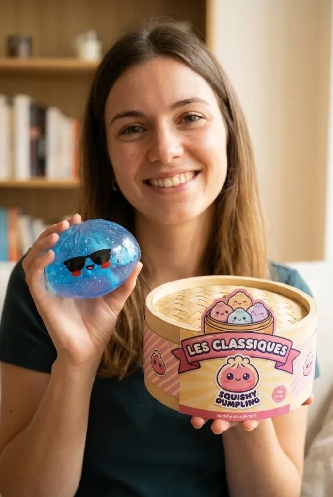 Dumpling Squishy Lunettes De Soleil présenté avec sa boîte panier vapeur — photo client