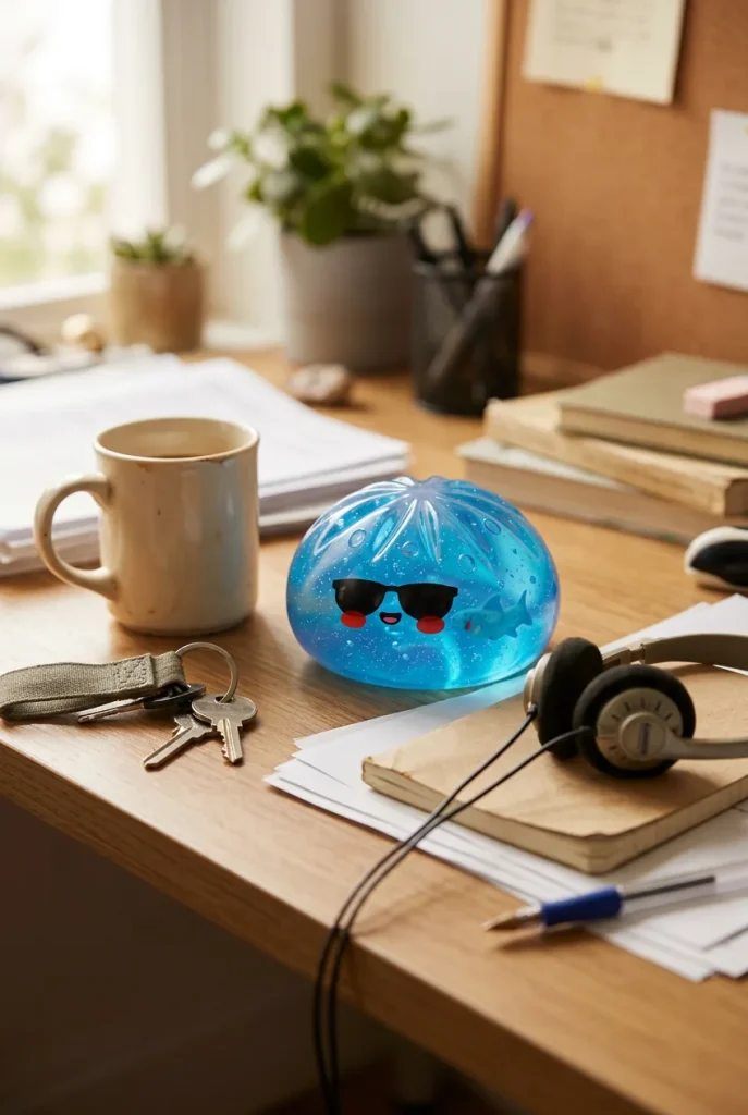 Dumpling Squishy Lunettes De Soleil posé sur un bureau, dans le quotidien