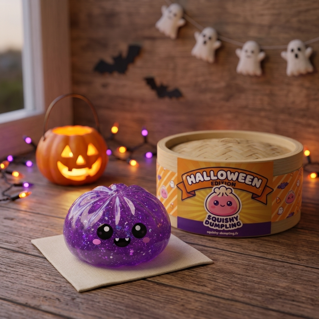 Squishy Dumpling Vampire Glitter Halloween en ambiance sur un bureau