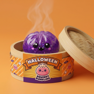 Squishy Dumpling Vampire Glitter Halloween dans sa boîte panier vapeur façon bambou