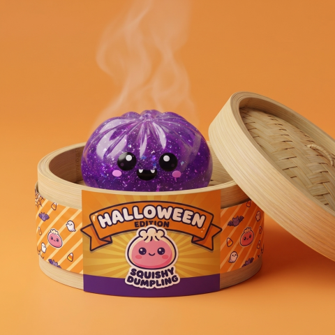 Squishy Dumpling Vampire Glitter Halloween dans sa boîte panier vapeur façon bambou