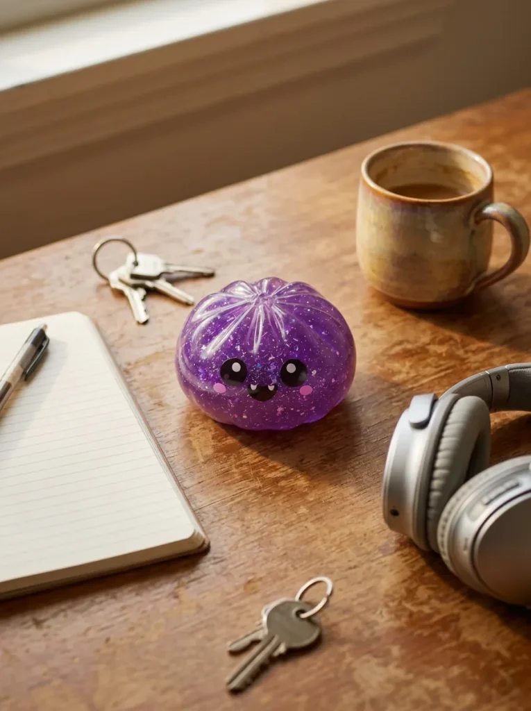 Squishy Dumpling Vampire Glitter Halloween posé sur un bureau, dans le quotidien