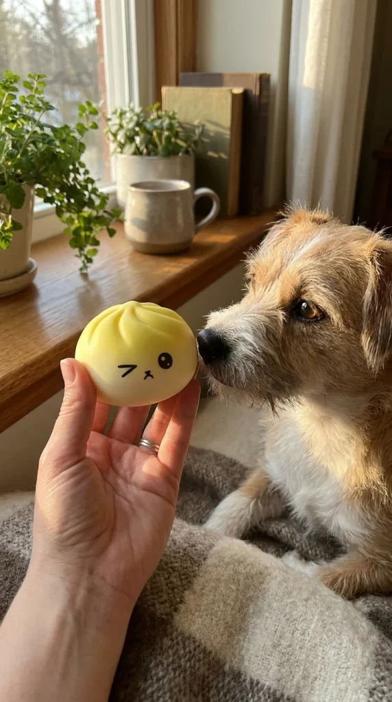 Mystery Dumpling Squishy Viral Tendance tenu près d'un animal de compagnie curieux