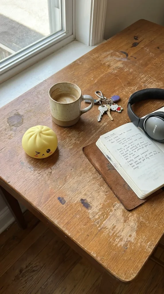 Mystery Dumpling Squishy Viral Tendance posé sur un bureau, dans le quotidien