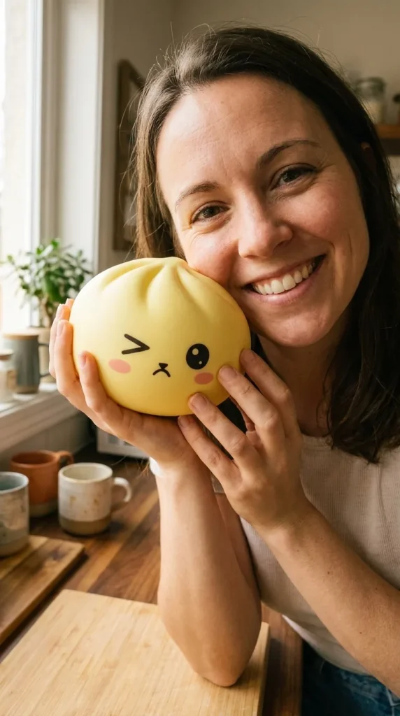 Mystery Dumpling Squishy Viral Tendance tenu près du visage — photo client