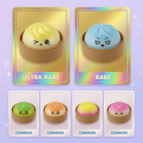 Mystery Dumpling Squishy Viral Tendance — carte des raretés (commun, rare, ultra rare)
