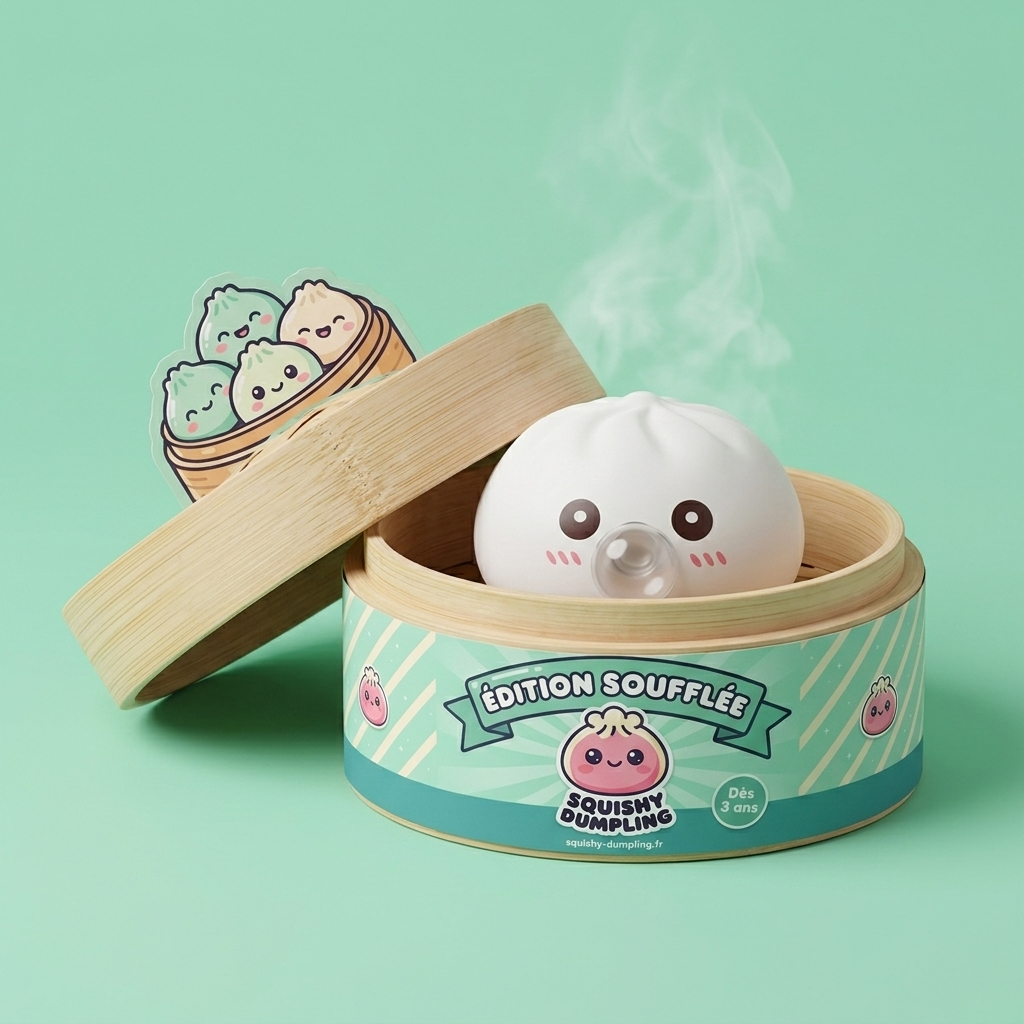 Giant Dumpling Squishy Blanc Nuage dans sa boîte panier vapeur bambou