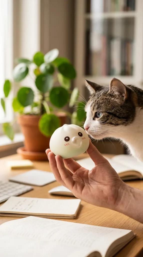 Giant Dumpling Squishy Blanc Nuage tenu près d'un animal de compagnie curieux