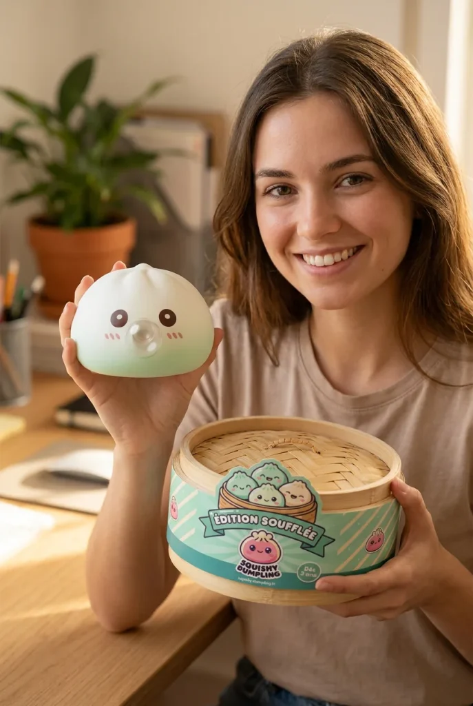 Giant Dumpling Squishy Blanc Nuage présenté avec sa boîte panier vapeur — photo client